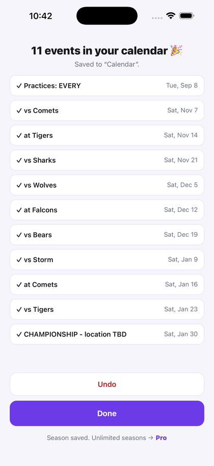 Snap to Calendar confirmation showing eleven events saved