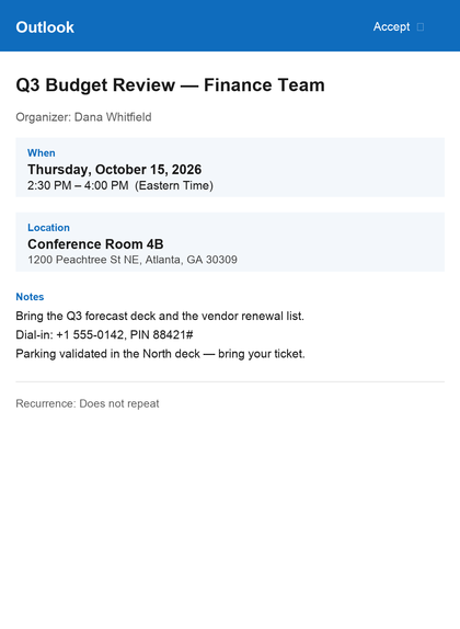 A screenshot of an Outlook meeting invite showing date, time, room and dial-in details