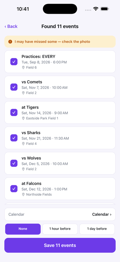 Snap to Calendar review showing eleven candidate events